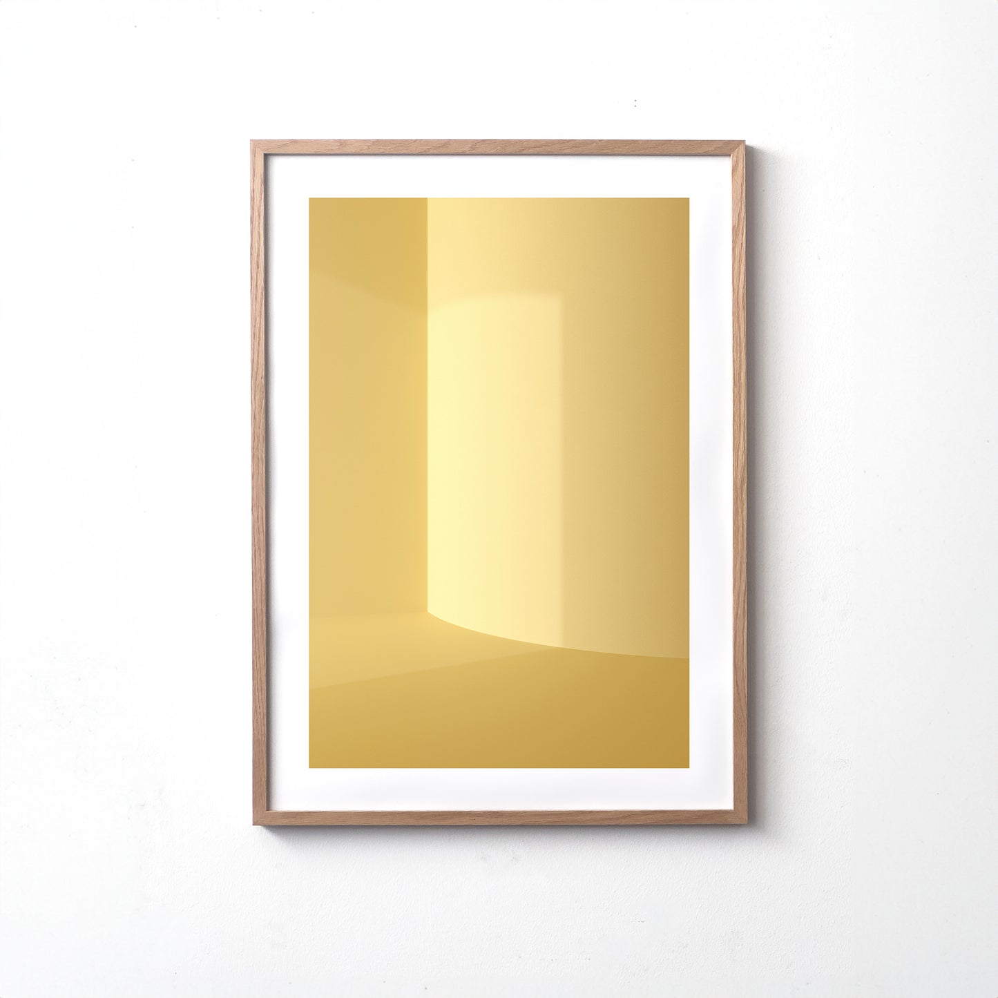 Kunstdruck im Bilderrahmen, Motiv gelb monochrome Raumecke mit Lichteinfall, Titel Styr III