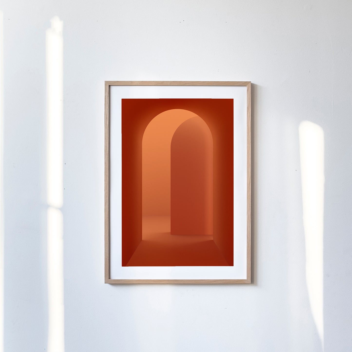 Kunstdruck im Bilderrahmen, Motiv rot monochromer Rundbogen, Titel Terra I